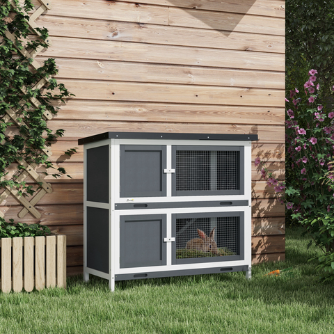 PawHut Double Decker Rabbit Hutch Bunny Cage Pet House Outdoor with Tray, Grey