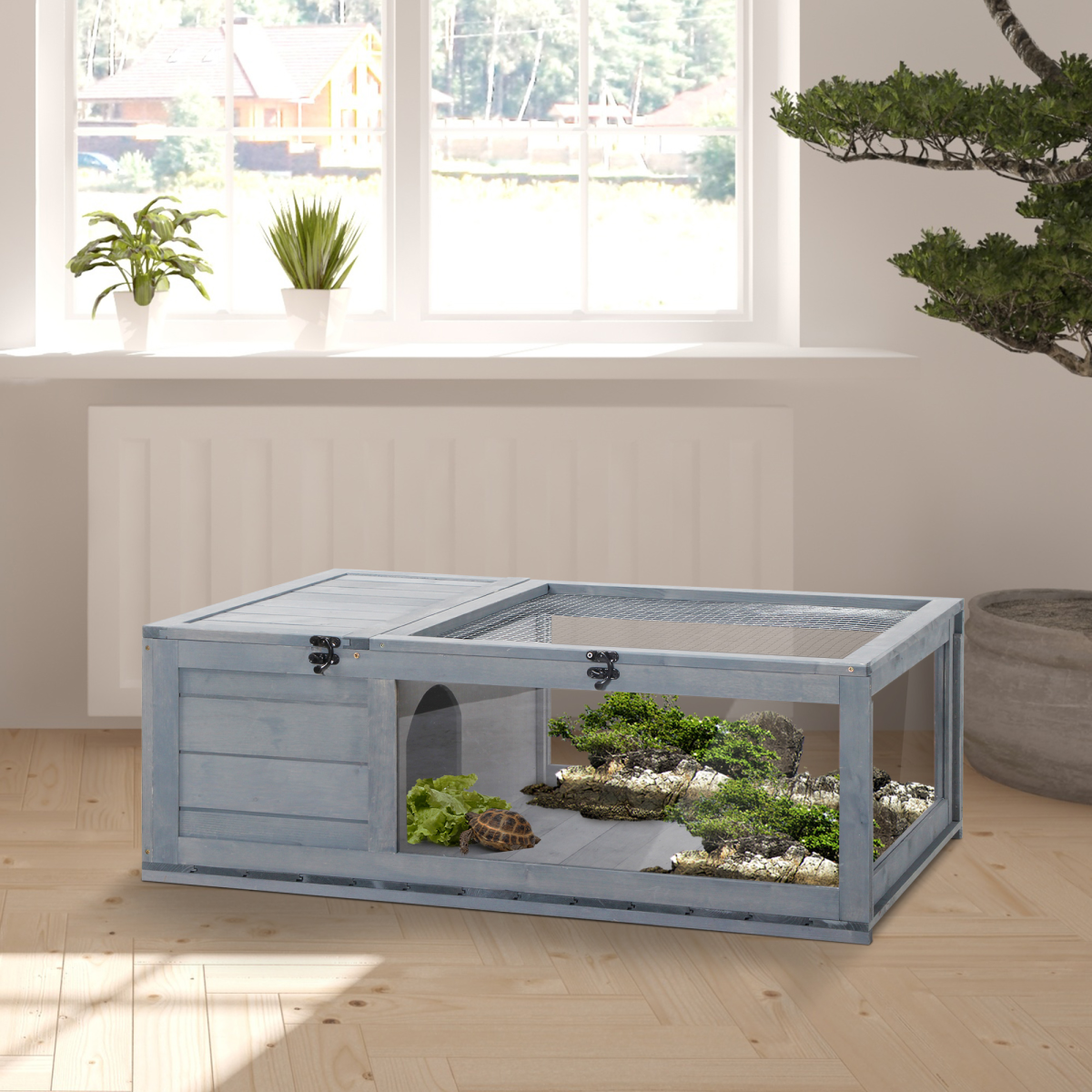 Tortoise House with Mesh Roof, Small Pet Reptile Wooden House, Grey