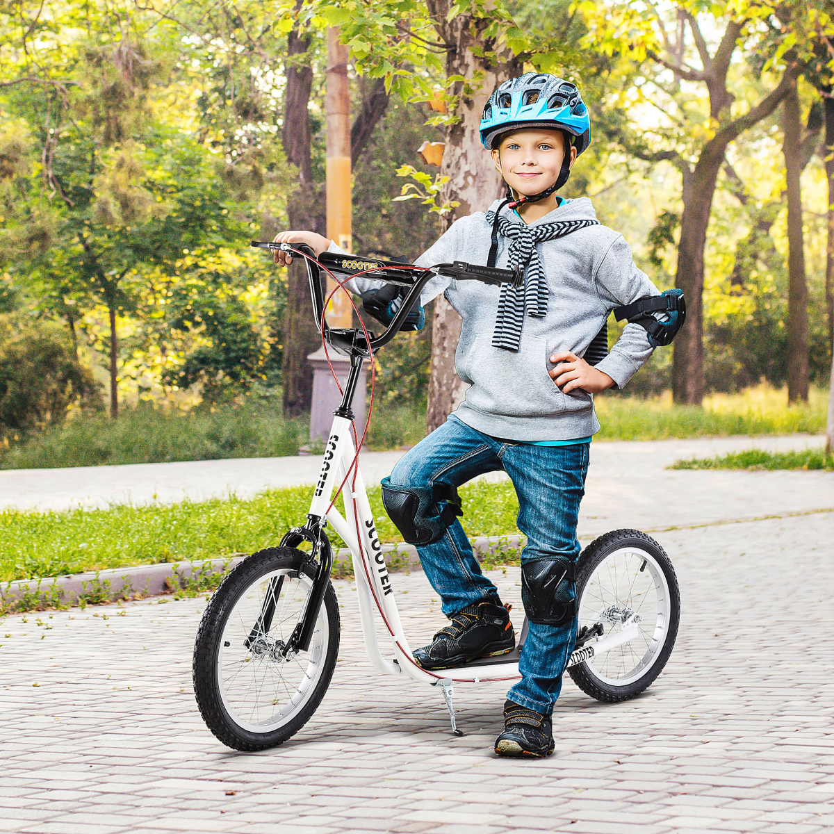 HOMCOM 90-96cm Kids Kick Scooter Adjustable Handlebar Inflatable Wheels White