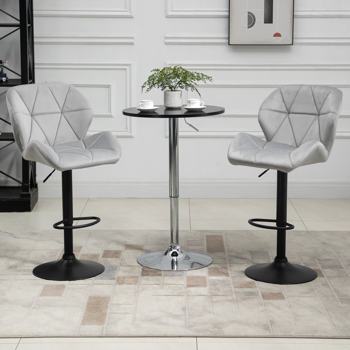 Bar Stool Set of 2 Fabric Adjustable Height Counter Chairs Light Grey