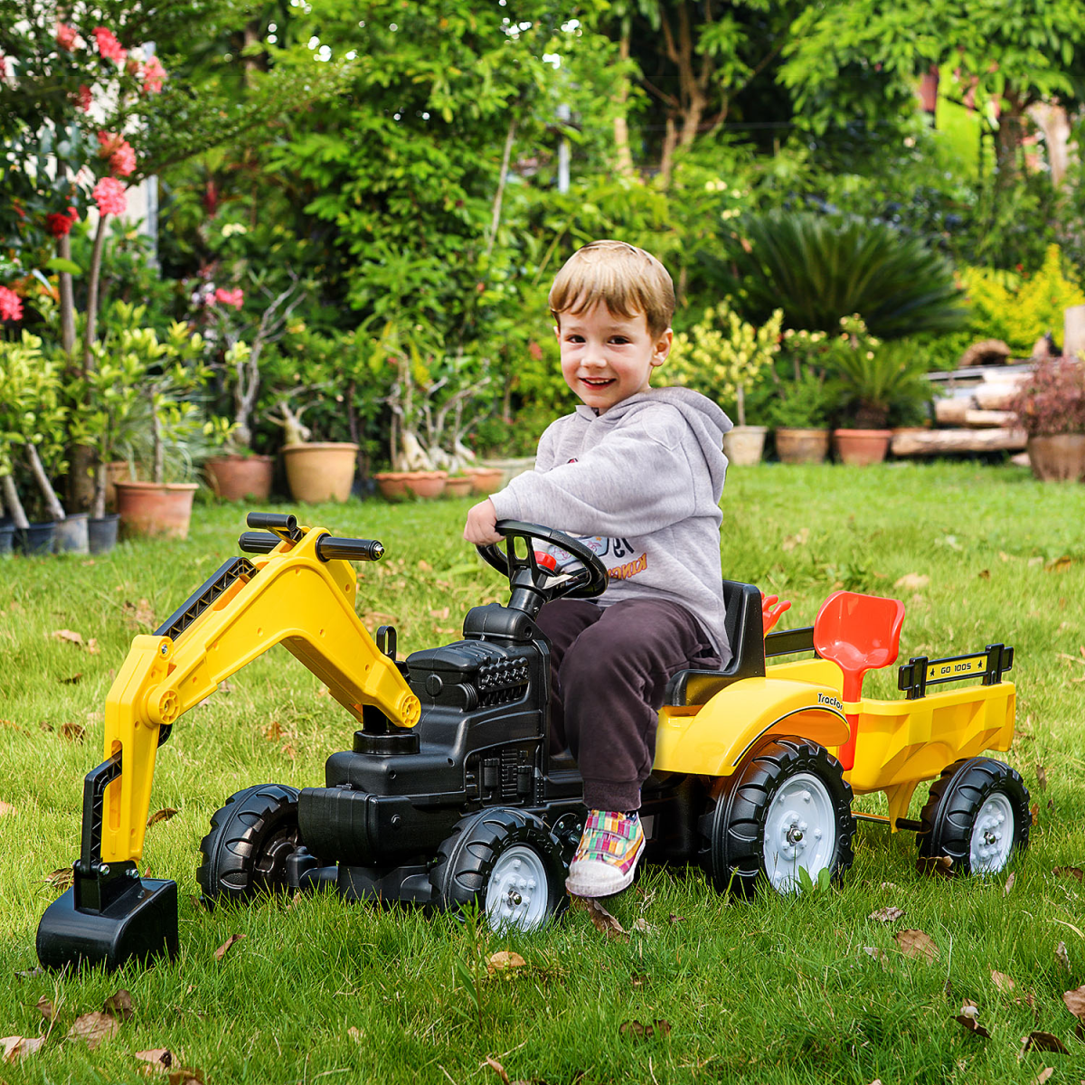 Ride-on Toy Pedal Digger Construction Car with Horn Detachable Trailer HOMCOM