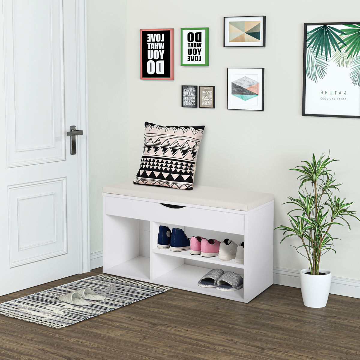 HOMCOM Wooden Shoes Cabinet Bench Hidden Storage Padded Seat Organiser White