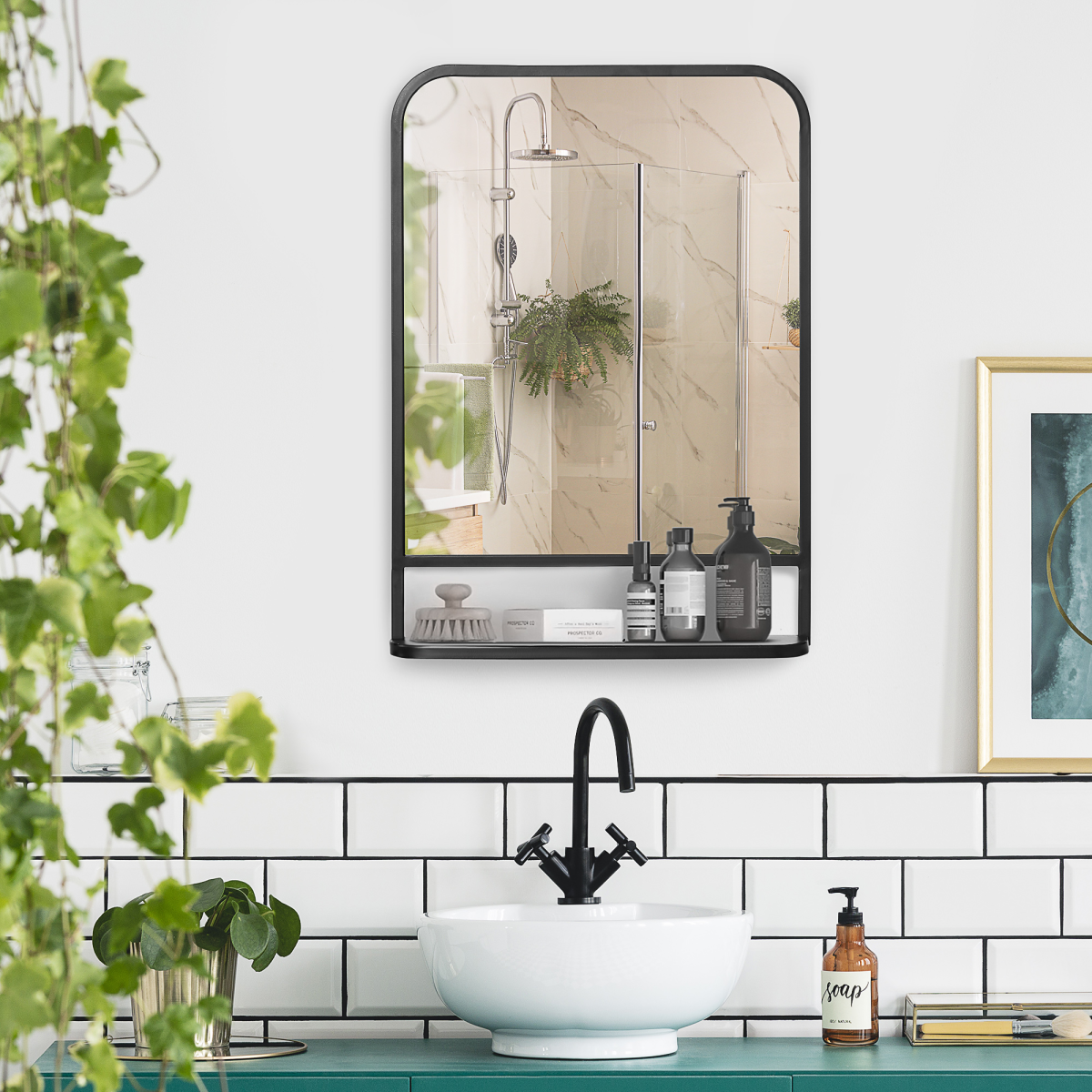 Square Wall Mirror with Shelf, 70x50 cm Modern Mirrors for Living Room, Bedroom