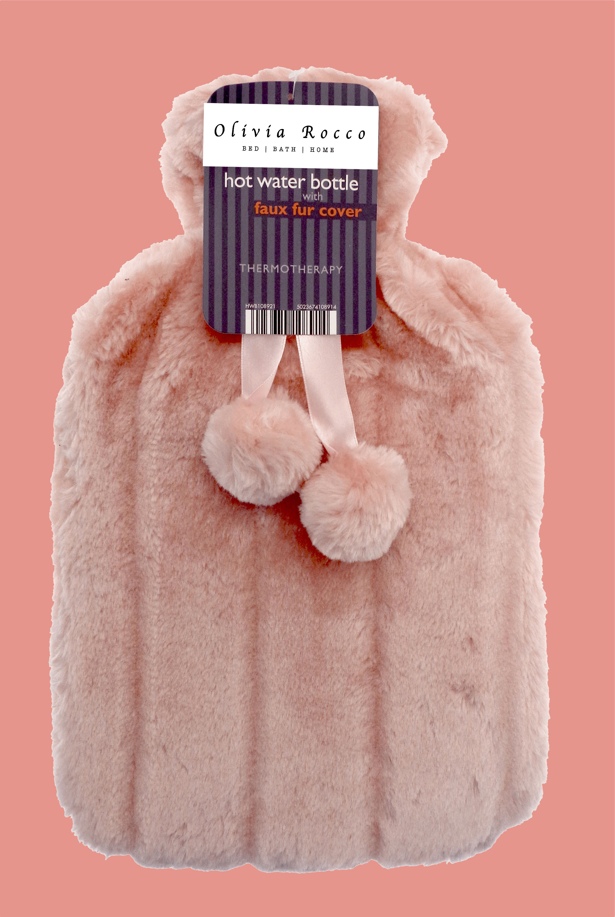 OLIVIA ROCCO Hot Water Bottle 2L With Faux Fur Pom Pom Cover Soft Plush Natural Rubber UK Safety Tested Cozy Winter Gift