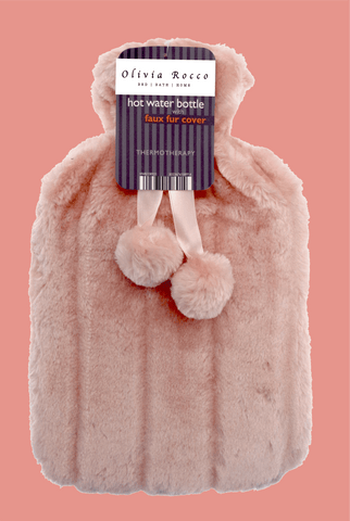 OLIVIA ROCCO Hot Water Bottle 2L With Faux Fur Pom Pom Cover Soft Plush Natural Rubber UK Safety Tested Cozy Winter Gift