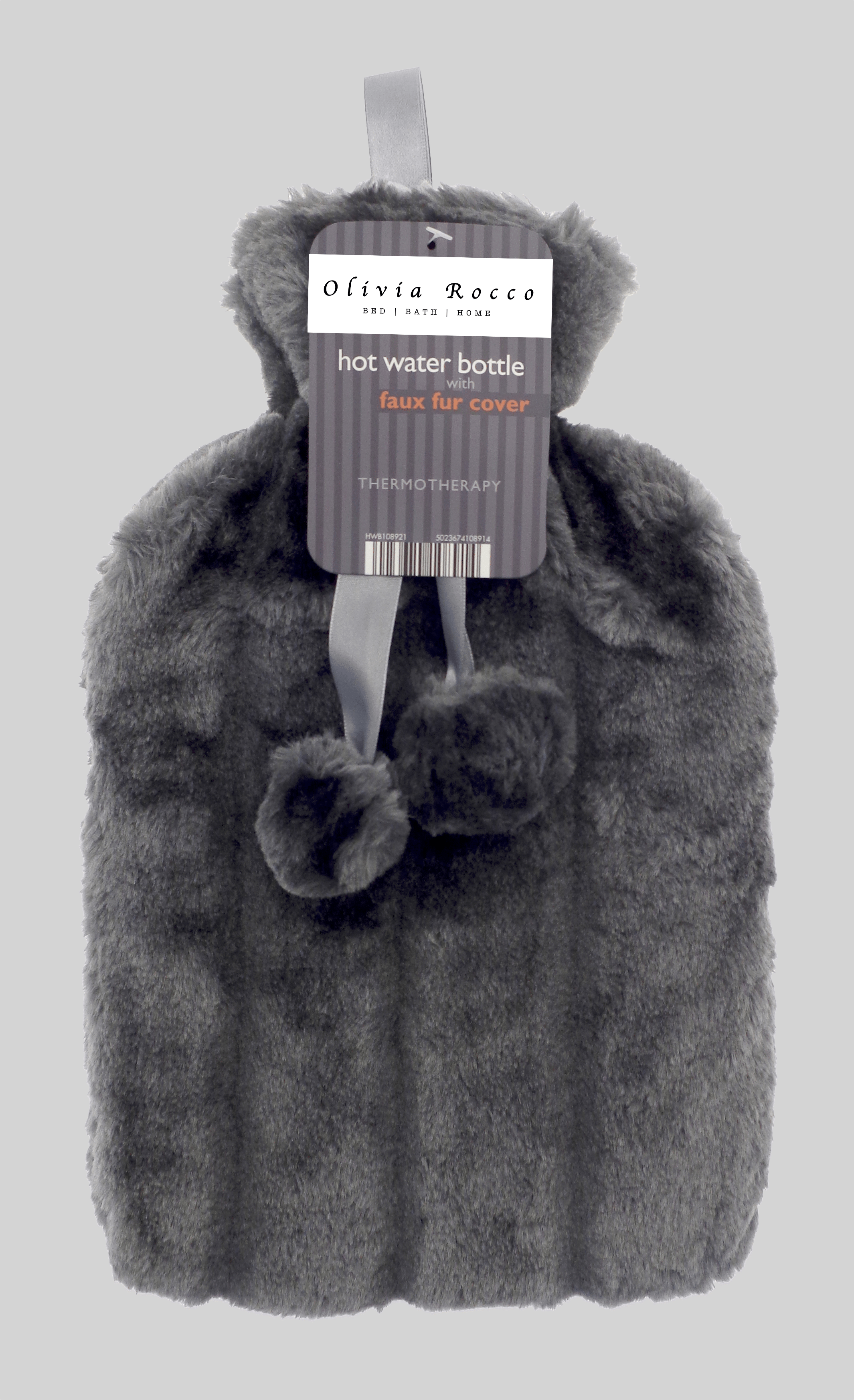 OLIVIA ROCCO Hot Water Bottle 2L With Faux Fur Pom Pom Cover Soft Plush Natural Rubber UK Safety Tested Cozy Winter Gift