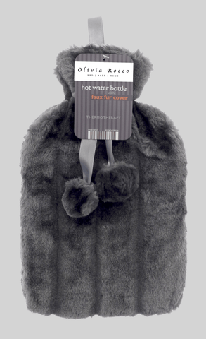 OLIVIA ROCCO Hot Water Bottle 2L With Faux Fur Pom Pom Cover Soft Plush Natural Rubber UK Safety Tested Cozy Winter Gift