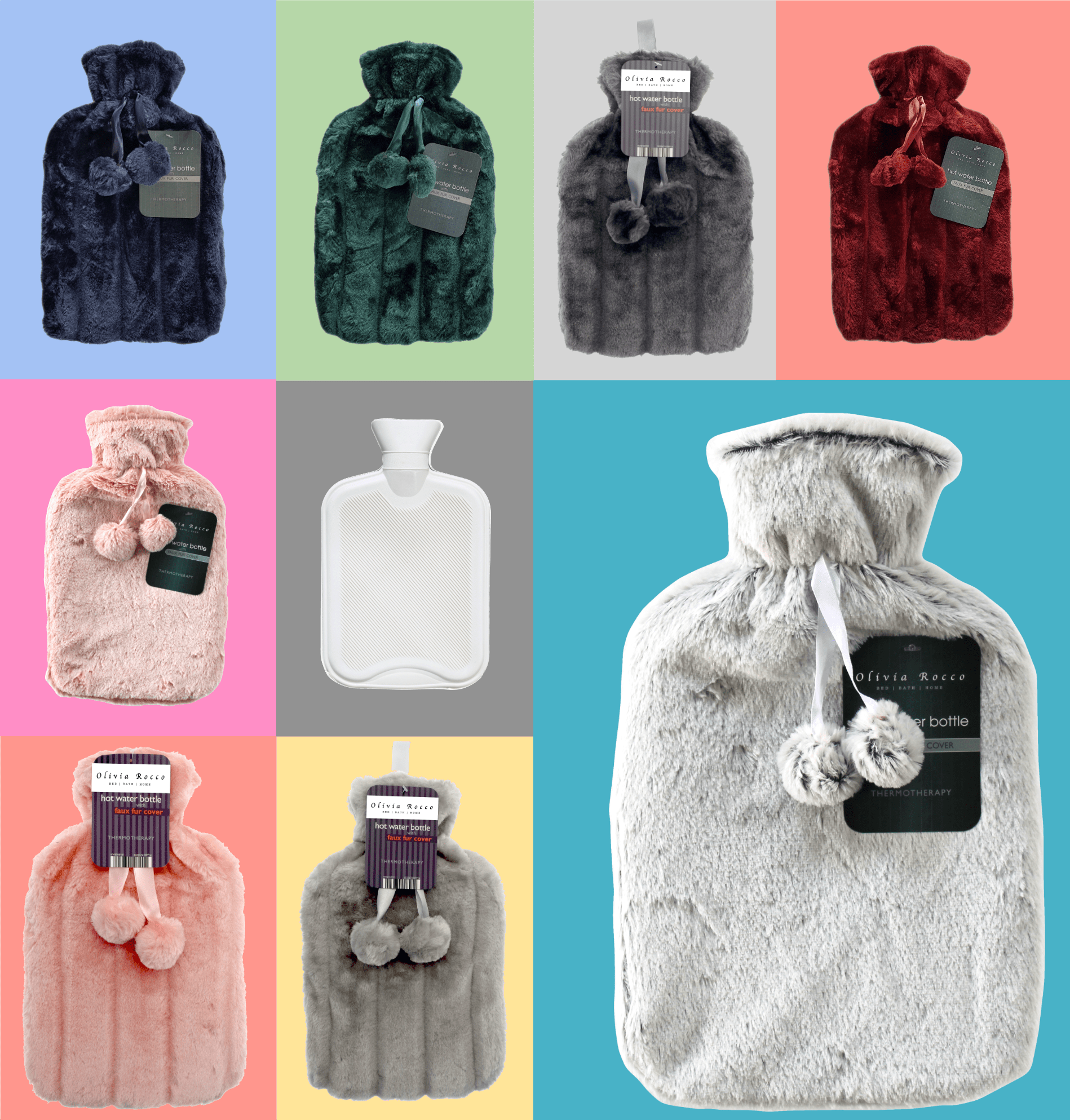 OLIVIA ROCCO Hot Water Bottle 2L With Faux Fur Pom Pom Cover Soft Plush Natural Rubber UK Safety Tested Cozy Winter Gift
