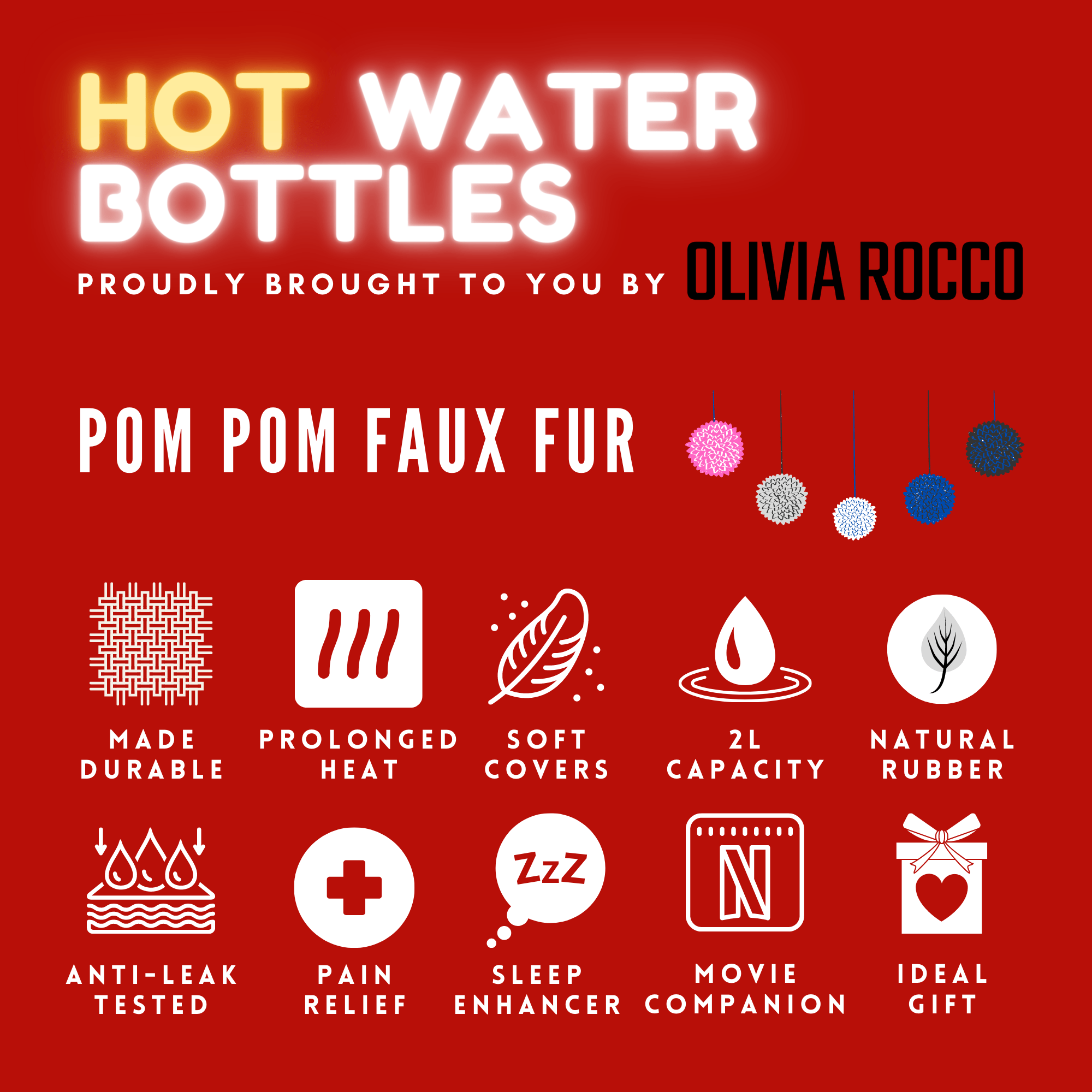 OLIVIA ROCCO Hot Water Bottle 2L With Faux Fur Pom Pom Cover Soft Plush Natural Rubber UK Safety Tested Cozy Winter Gift