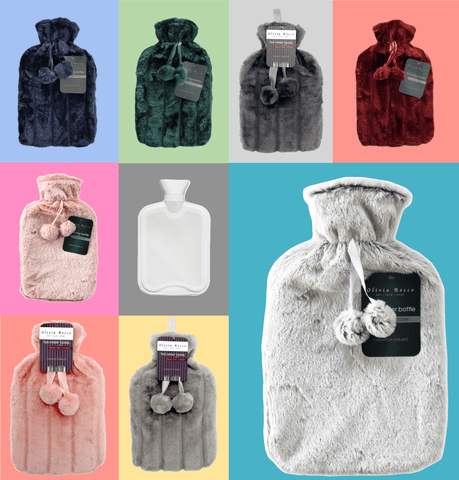 OLIVIA ROCCO Hot Water Bottle 2L With Faux Fur Pom Pom Cover Soft Plush Natural Rubber UK Safety Tested Cozy Winter Gift
