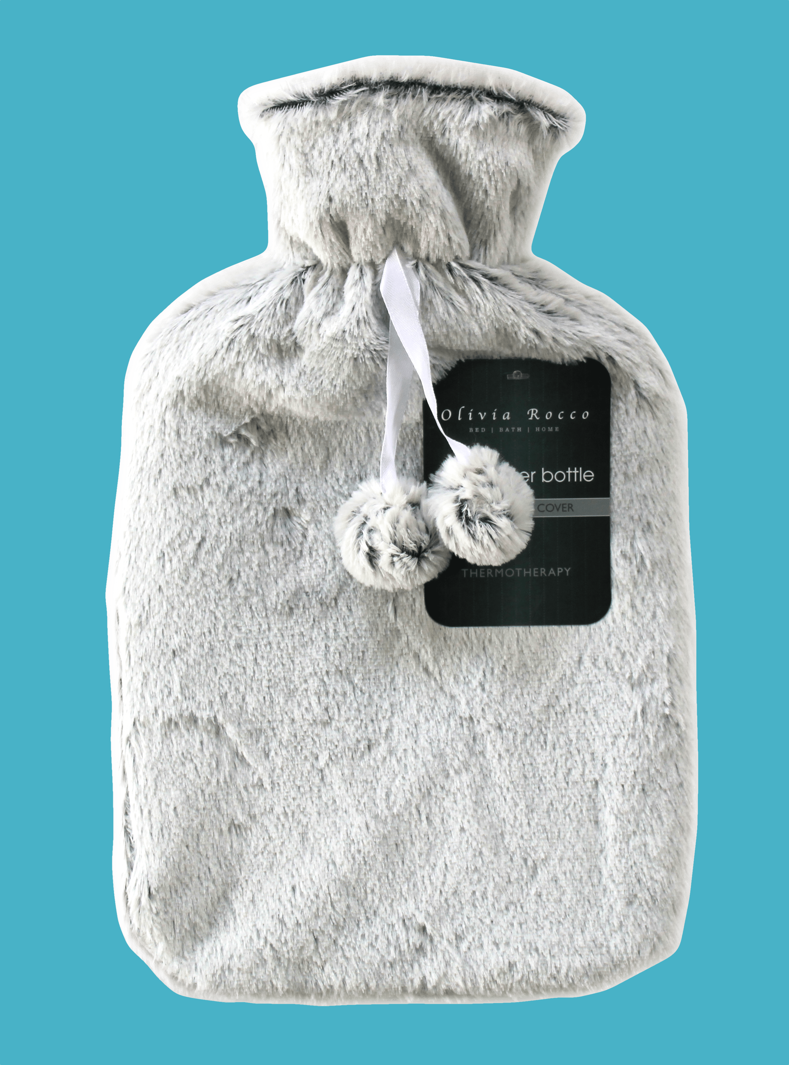 OLIVIA ROCCO Hot Water Bottle 2L With Faux Fur Pom Pom Cover Soft Plush Natural Rubber UK Safety Tested Cozy Winter Gift