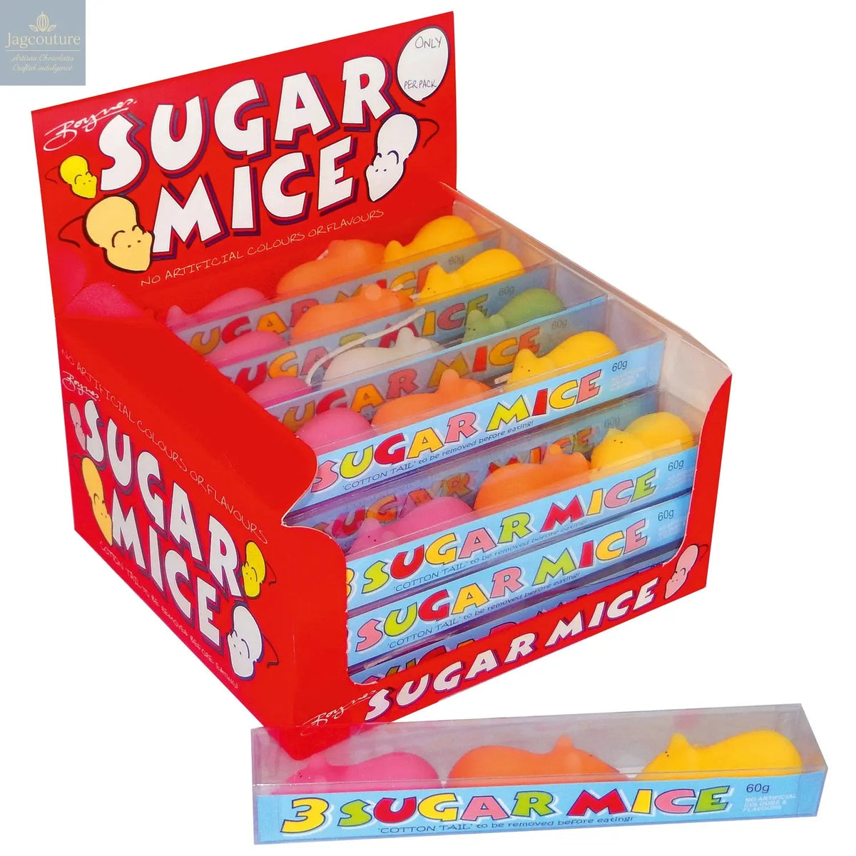 3 sugar mice in cello gift box in counter display Jag Couture Chocolates