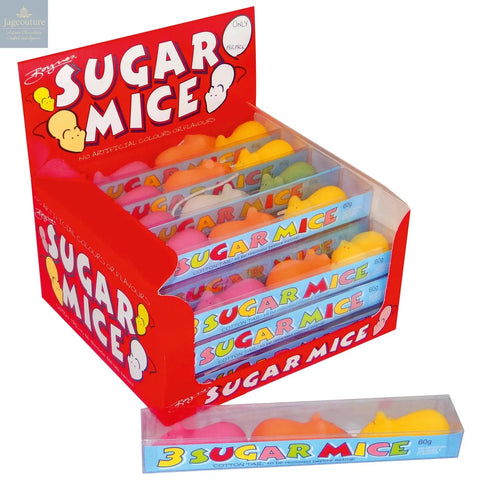 3 sugar mice in cello gift box in counter display Jag Couture Chocolates