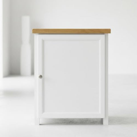 ALL WHITE Storage Cabinet with Open Shelf, White and Oak Top, 2 Doors with Metal Knobs, Ready Assembled Storage Cabinet for Hallway or Livingroom
