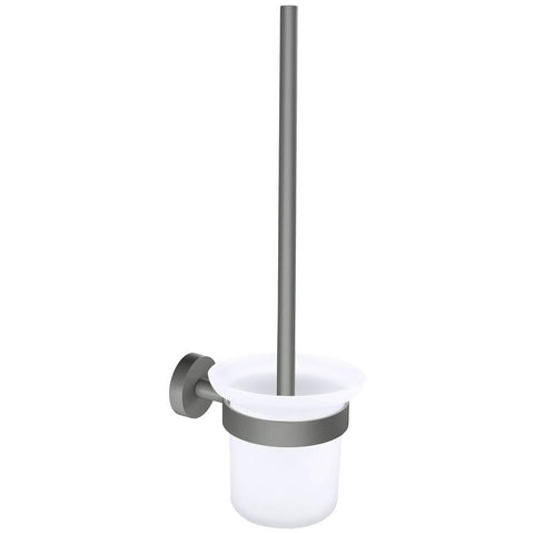 tesa MOON GREY Toilet Brush Set, with holder and toilet brush, matt grey, satin glass - for industrial style and modern bathrooms - drill-free