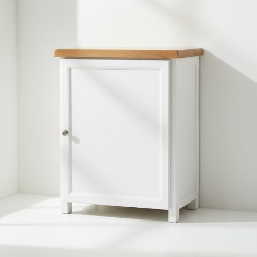 ALL WHITE Storage Cabinet with Open Shelf, White and Oak Top, 2 Doors with Metal Knobs, Ready Assembled Storage Cabinet for Hallway or Livingroom