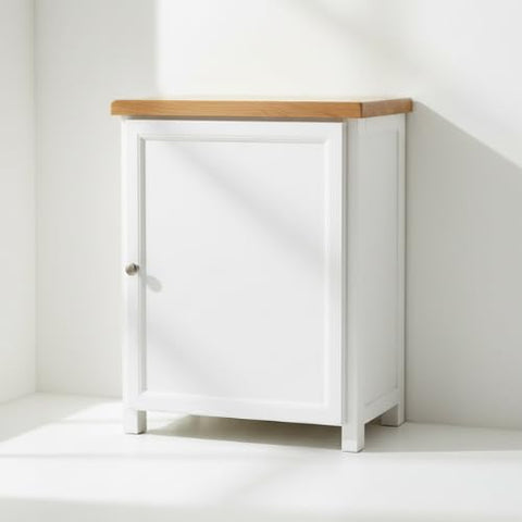 ALL WHITE Storage Cabinet with Open Shelf, White and Oak Top, 2 Doors with Metal Knobs, Ready Assembled Storage Cabinet for Hallway or Livingroom