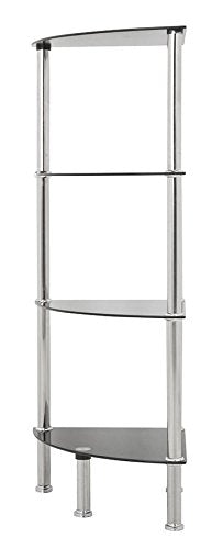 mahara 4 Tier Chrome Effect Black Corner Glass Shelving Unit - Tempered Safety Glass Shelves Max 5kg - Storage Unit W41cm x D30cm x H86.5cm