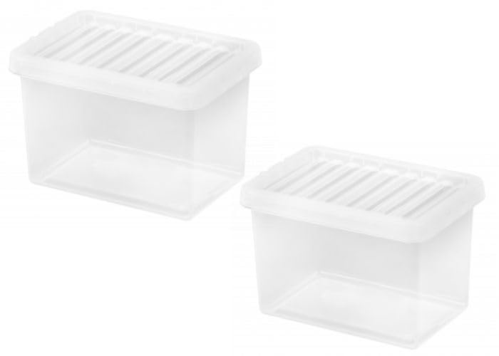Checkmart PACK OF 2 Large Storage Box with Lid Strong Plastic Stackable Nestable Container Home Office Clear (14 Litre)