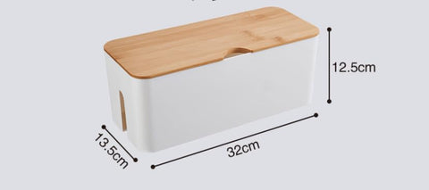 Cable Box with Bamboo Lid, Cable Management Organiser, Storage Box for Hiding Cables, Organising, Computer Wiring, 32 x 13.5 x 12.5 cm, White