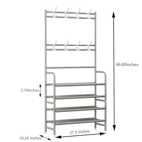 Dazioter Coat Rack Shoe Rack With Storage Shelf Freestanding with 8 Hooks for Entryway Bedroom (Grey, 4Tier)