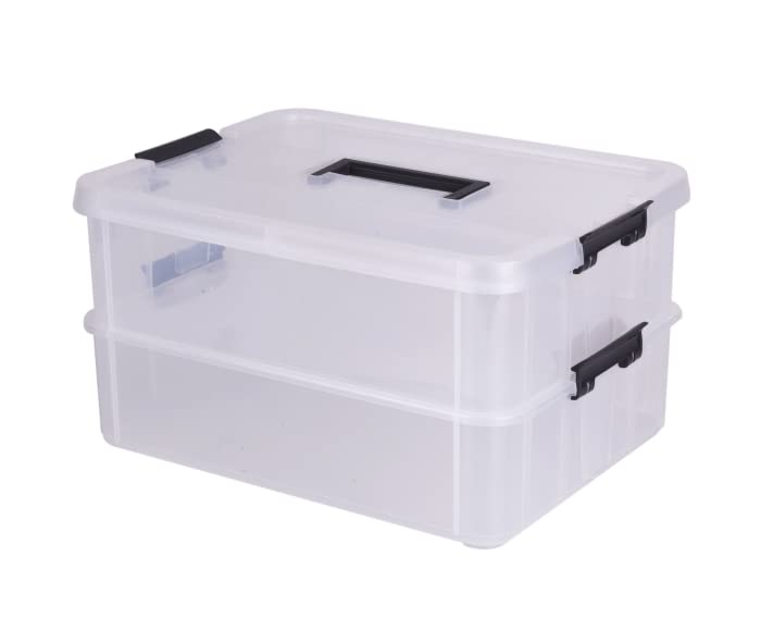 IGNPION 2-Tier Stackable Craft Storage Box Plastic Adjustable Storage Containers with Carry Handle Transparent Containers Organiser for Art & Craft