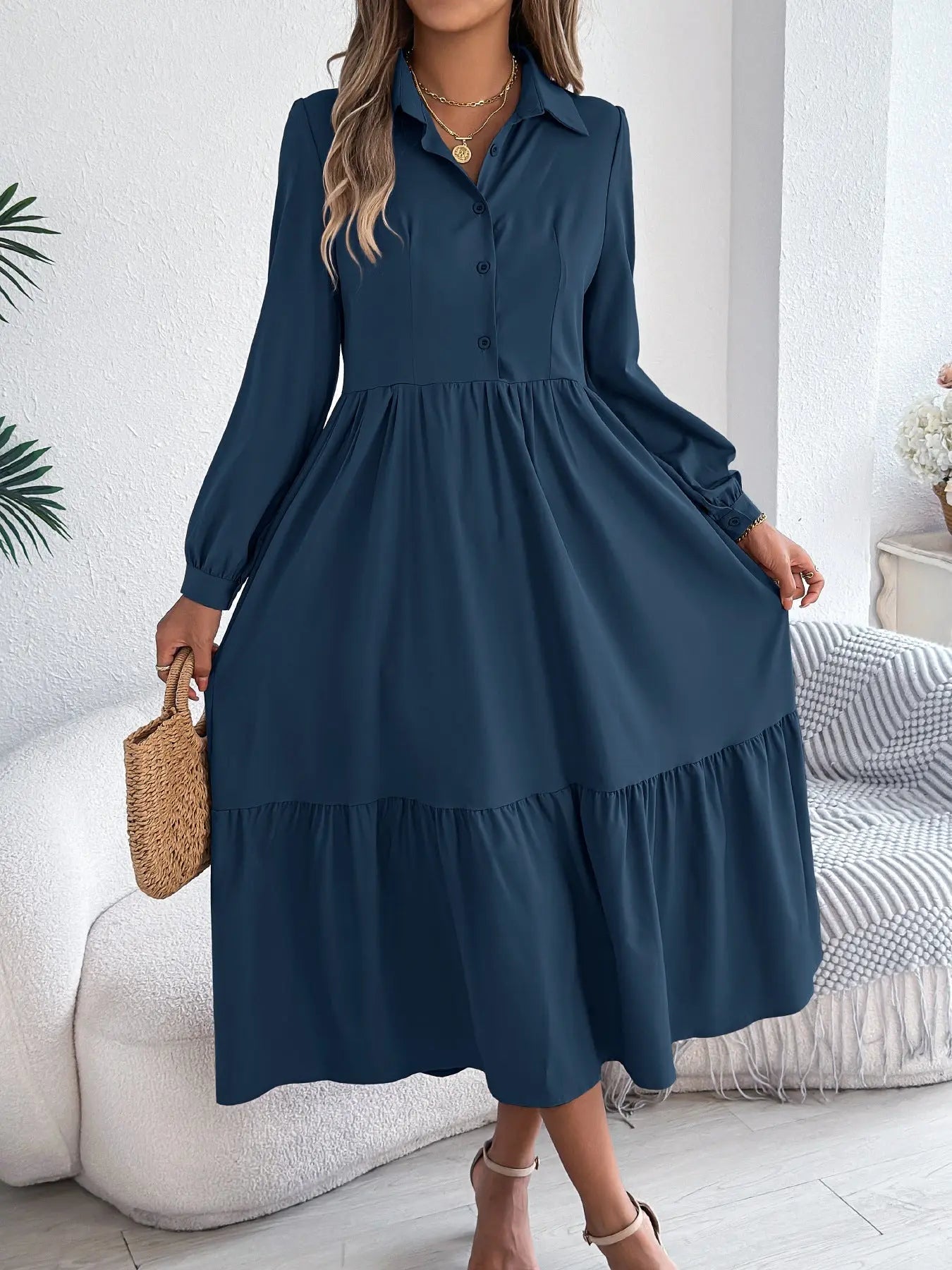 Lapel Casual Loose Long Sleeve Ruffled Shirt Dress