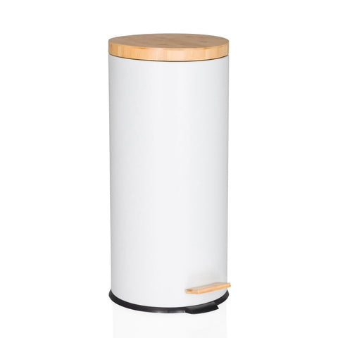 hjh OFFICE waste garbage can 30 liters, pedal bin with bamboo lid, softclose CLEAN BAMBOO metal waste garbage can with inner bin, white matt