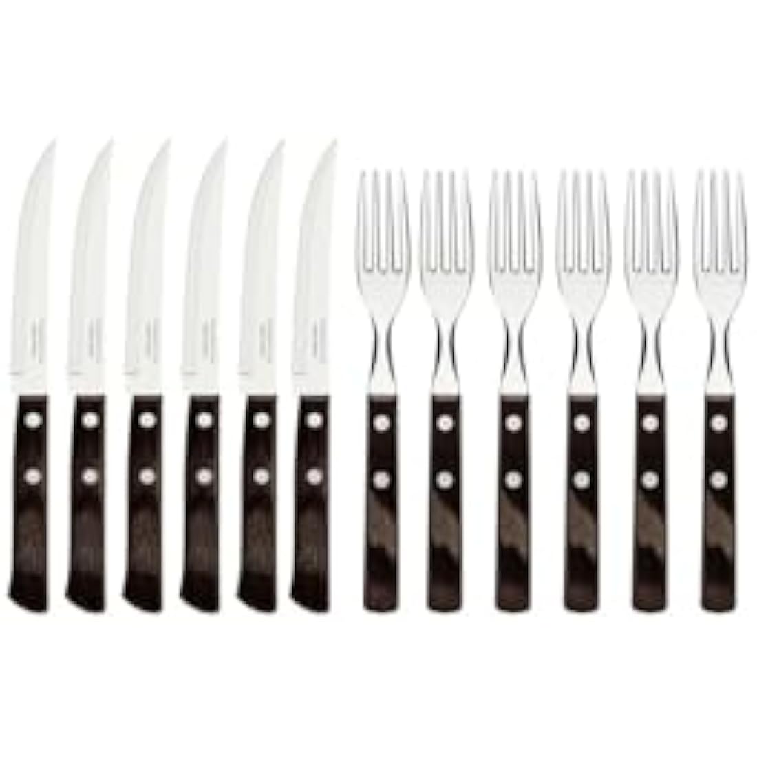 Tramontina Cutlery Set with Steak Knives, 12 Piece Sharp Knife and Fork Set with Wooden Handles, ‎Camping, Kitchen, Rustic, Dishwasher Safe, 29899199