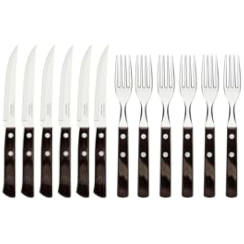 Tramontina Cutlery Set with Steak Knives, 12 Piece Sharp Knife and Fork Set with Wooden Handles, ‎Camping, Kitchen, Rustic, Dishwasher Safe, 29899199