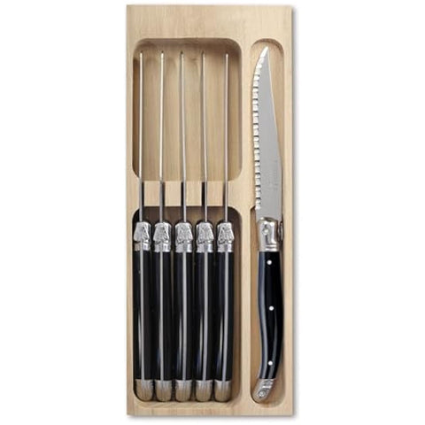 Laguiole 6 x Steak Knifes | Black Colour | Knifes Set In wooden Tray | Made In France