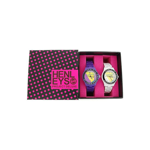 Henleys Project Deluxe Women's Set of 2 Funky Plastic Watch Purple-White SUMMERTWIN CLEARANCE NEEDS RE-BATTERY
