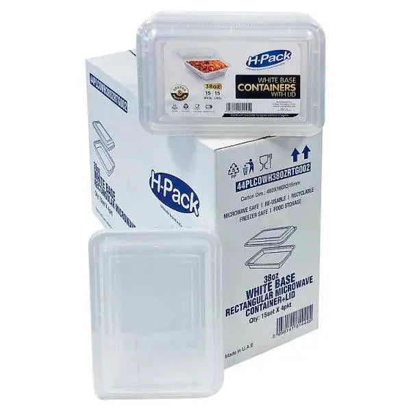 38oz White Base Rectangular Microwave Container + Lid