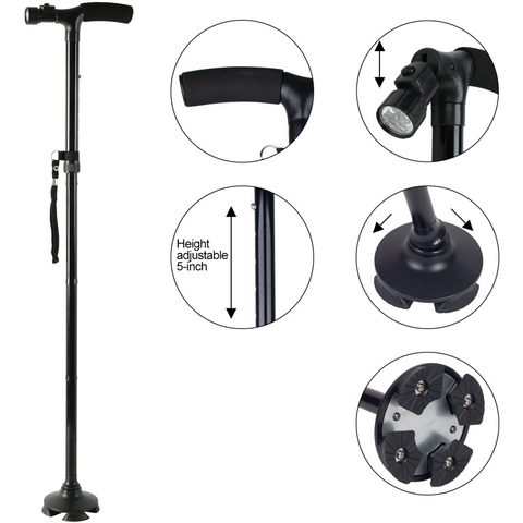 5-Levels Adjustable Height Walking Stick Portable Foldable Cane Travel Camping Hiking Walking Cane w/LED Light