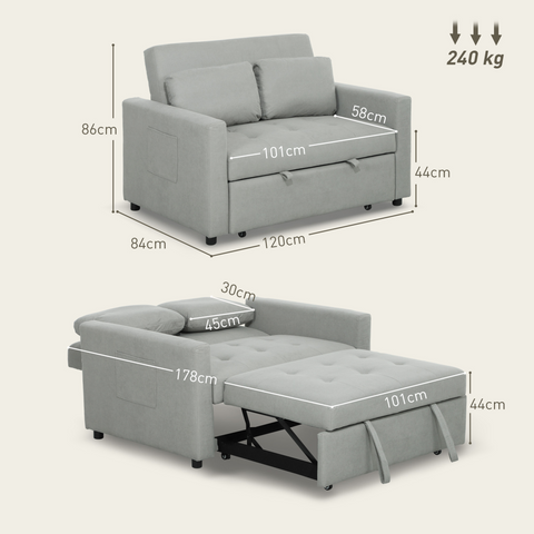 HOMCOM 2 Seater Sofa Bed Convertible Bed Settee with Cushions, Pockets, Grey