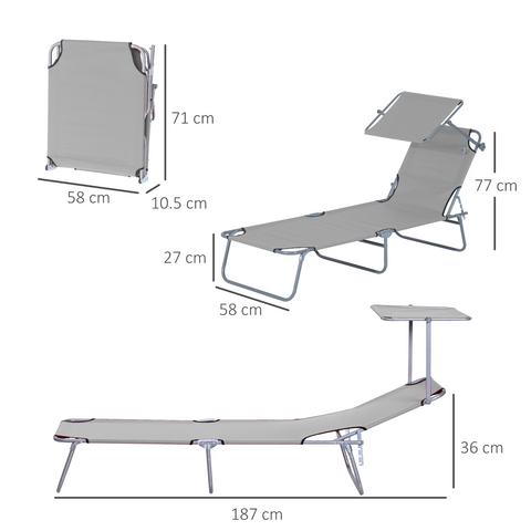 Folding Chair Sun Lounger w/ Sunshade Garden Recliner Hammock Grey