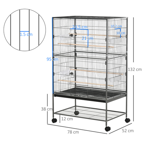 Bird Cage Aviary for Budgies Canaries w/ Rolling Stand Slide-Out Tray, Grey