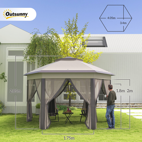 4.05m x 4.05m Metal Frame Mesh Draped 2-Tier Roof Gazebo Brown