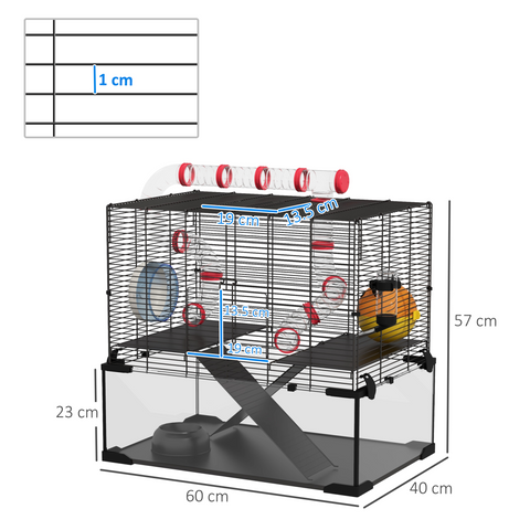 PawHut Hamster Cage w/ Tubes, Ramps, Platforms, Hut, 60 x 40 x 57cm