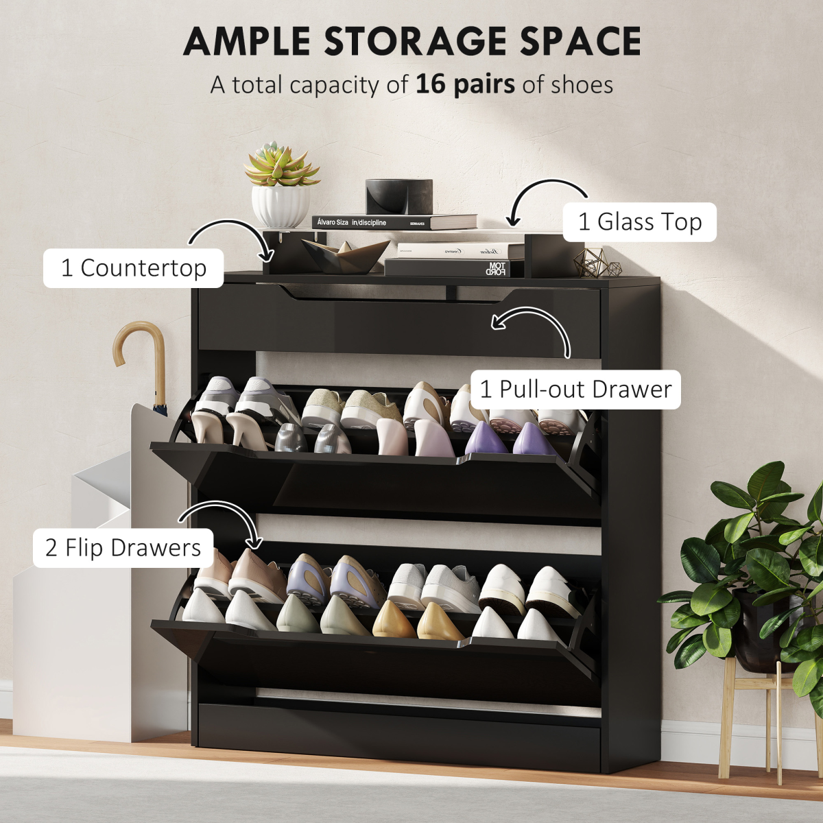 HOMCOM Shoe Cabinet with 3 Drawers, High Gloss Front Panels, Glass Top Black