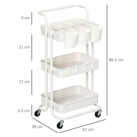 HOMCOM 3-Tier Utility Cart, Rolling Serving Trolley with Baskets and Hooks