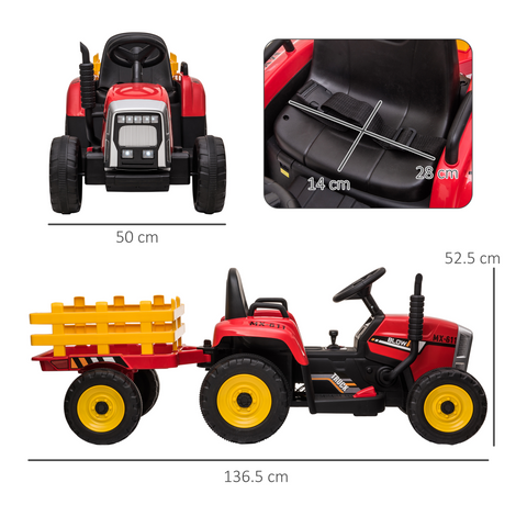 HOMCOM Ride on Tractor with Detachable Trailer, Remote Control, Music - Red