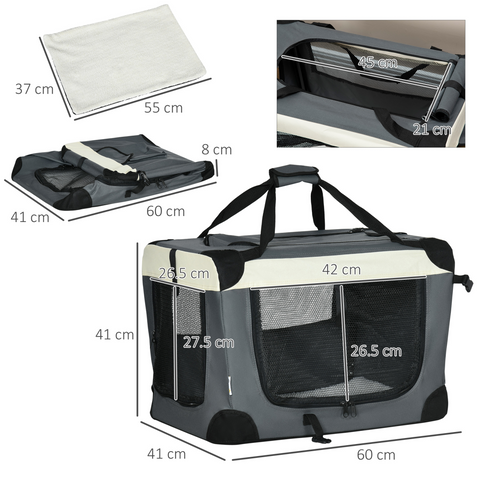 60cm Foldable Pet Carrier w/ Cushion, for Mini Dogs and Cats - Grey Pawhut