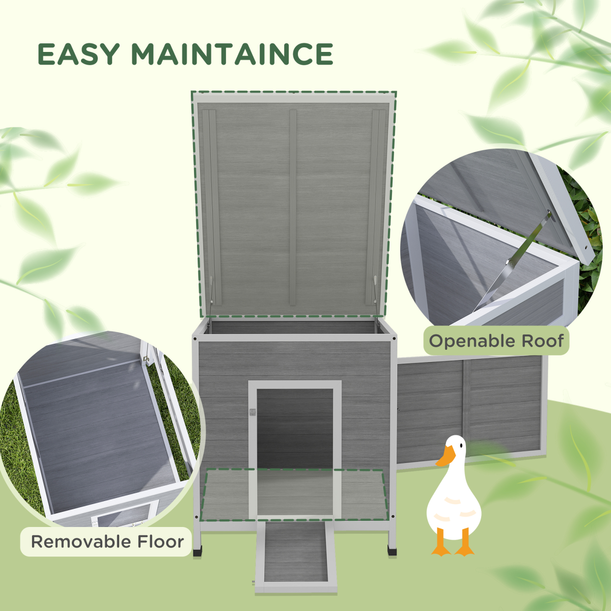 PawHut Wooden Duck House, Poultry Coop w/ Double Doors, Openable Roof, Grey