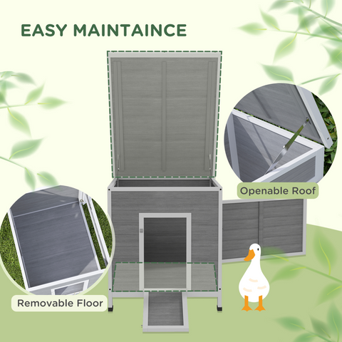 PawHut Wooden Duck House, Poultry Coop w/ Double Doors, Openable Roof, Grey