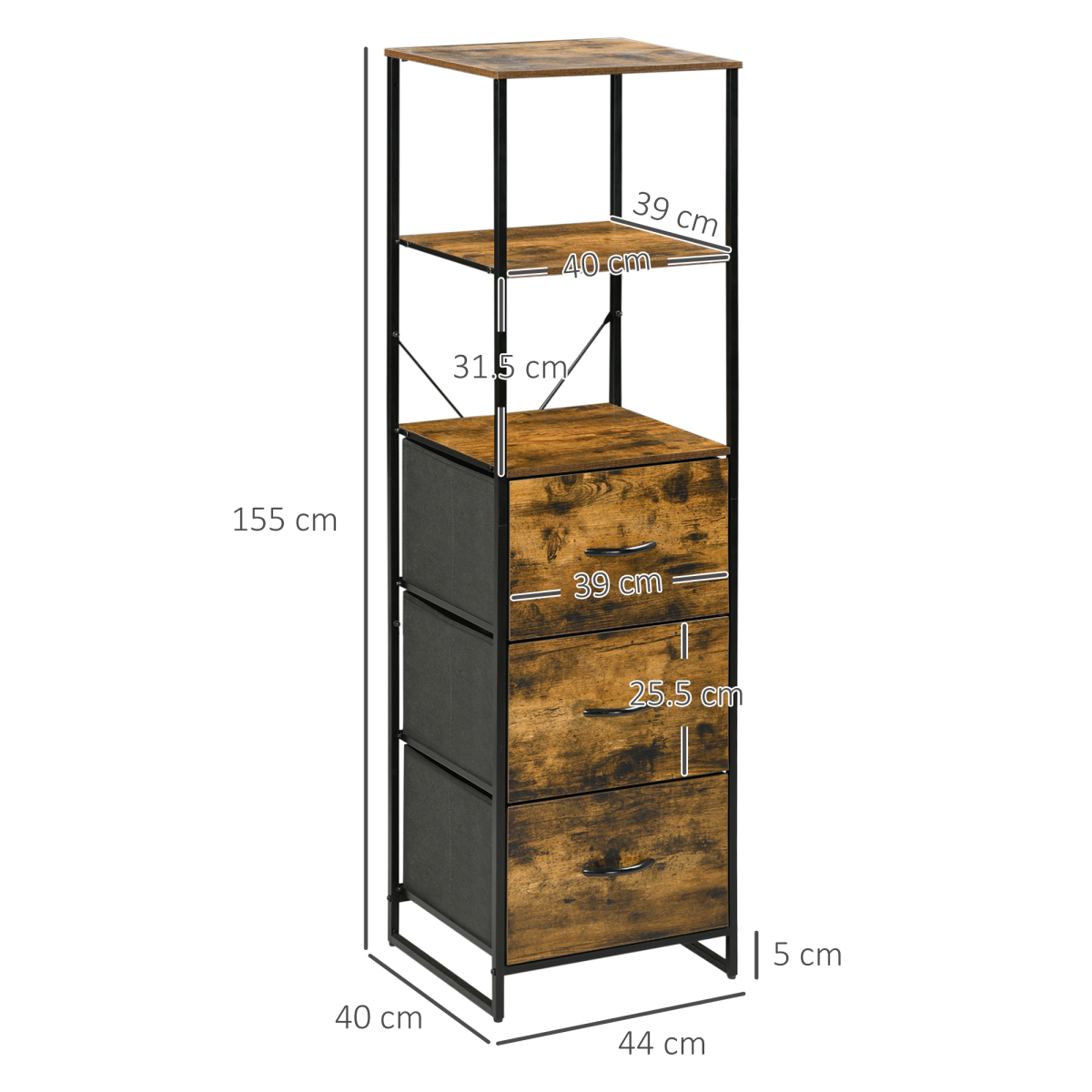 HOMCOM Industrial Storage Cabinet with 2 Shelves 3 Fabric Drawers Rustic Brown