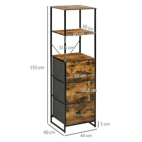 HOMCOM Industrial Storage Cabinet with 2 Shelves 3 Fabric Drawers Rustic Brown
