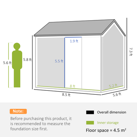 Outsunny 8x6ft Metal Garden Shed Outdoor Storage Shed w/ Doors Window, Grey