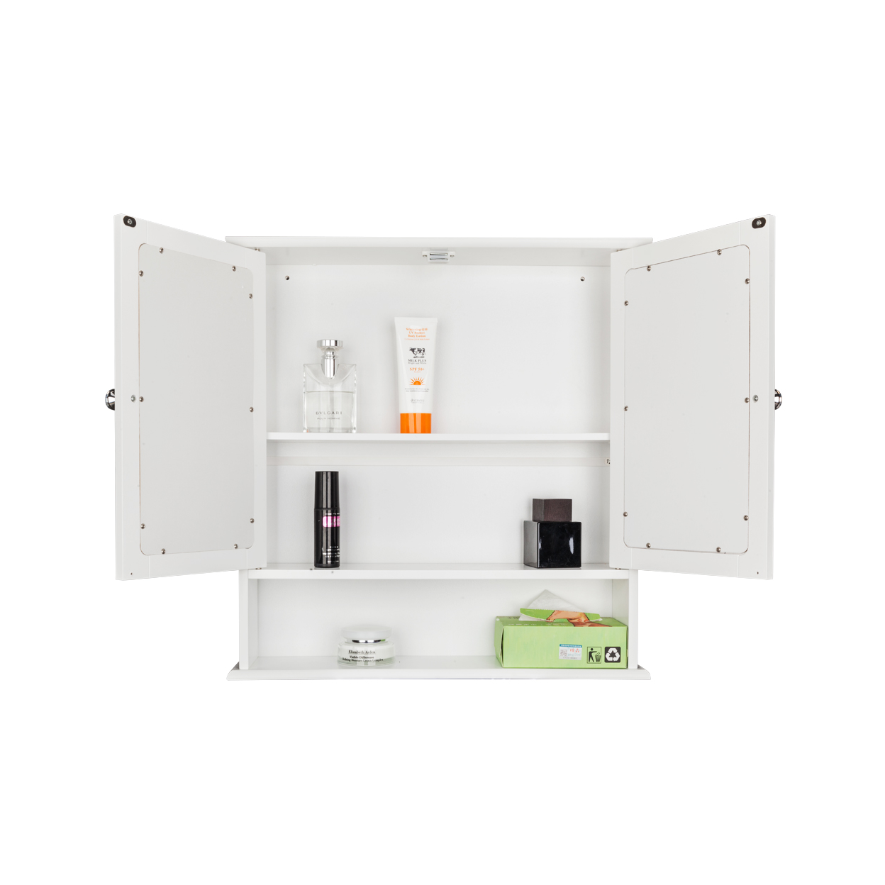 Double Door Mirror Indoor Bathroom Wall Mounted Cabinet Shelf White