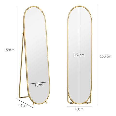 HOMCOM Oval Full Length Mirror with Metal Frame Hanging or Leaning Gold Tone